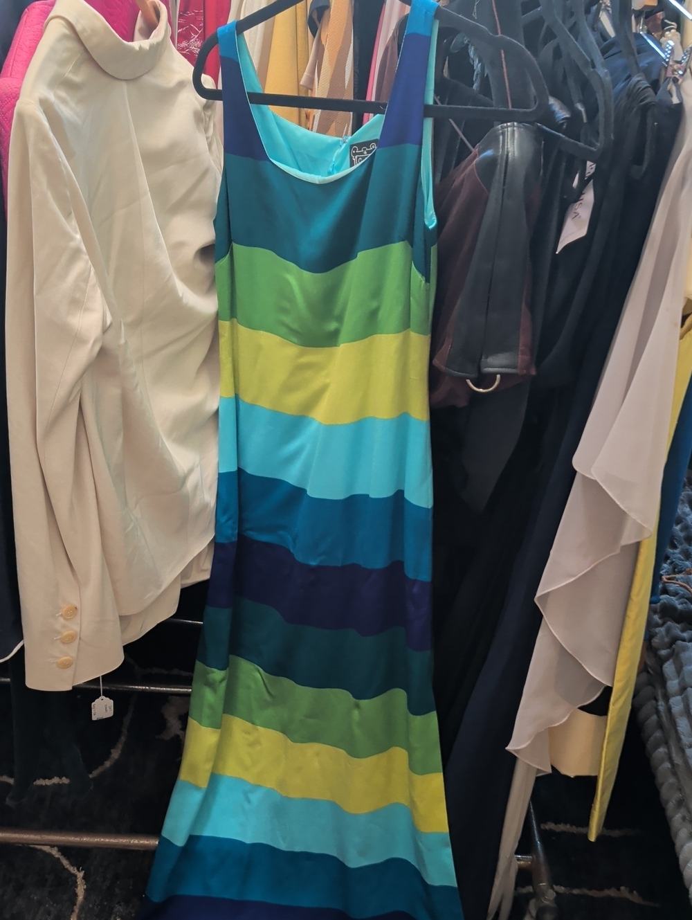 Cynthia Rowley Blue, Teal & Lime Striped Maxi Dress